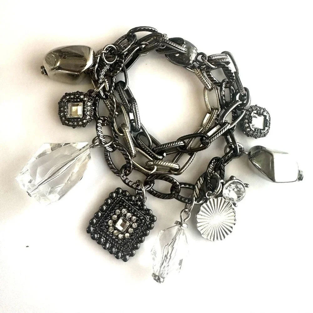 Gunmetal Multi Strand Charm Bracelet Crystal Rhinestone Chunky Statement 7